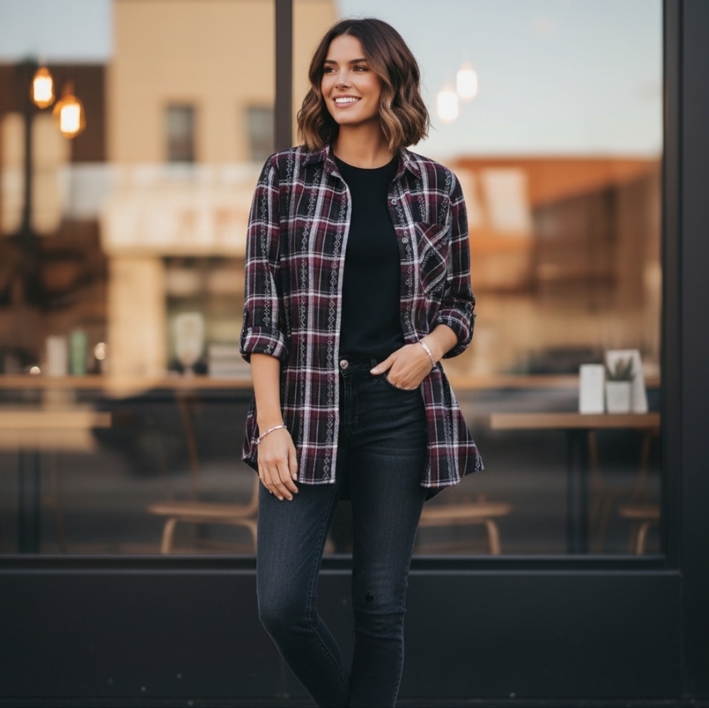 Vintage Forever 21 Maroon Plaid Flannel Button Dow…